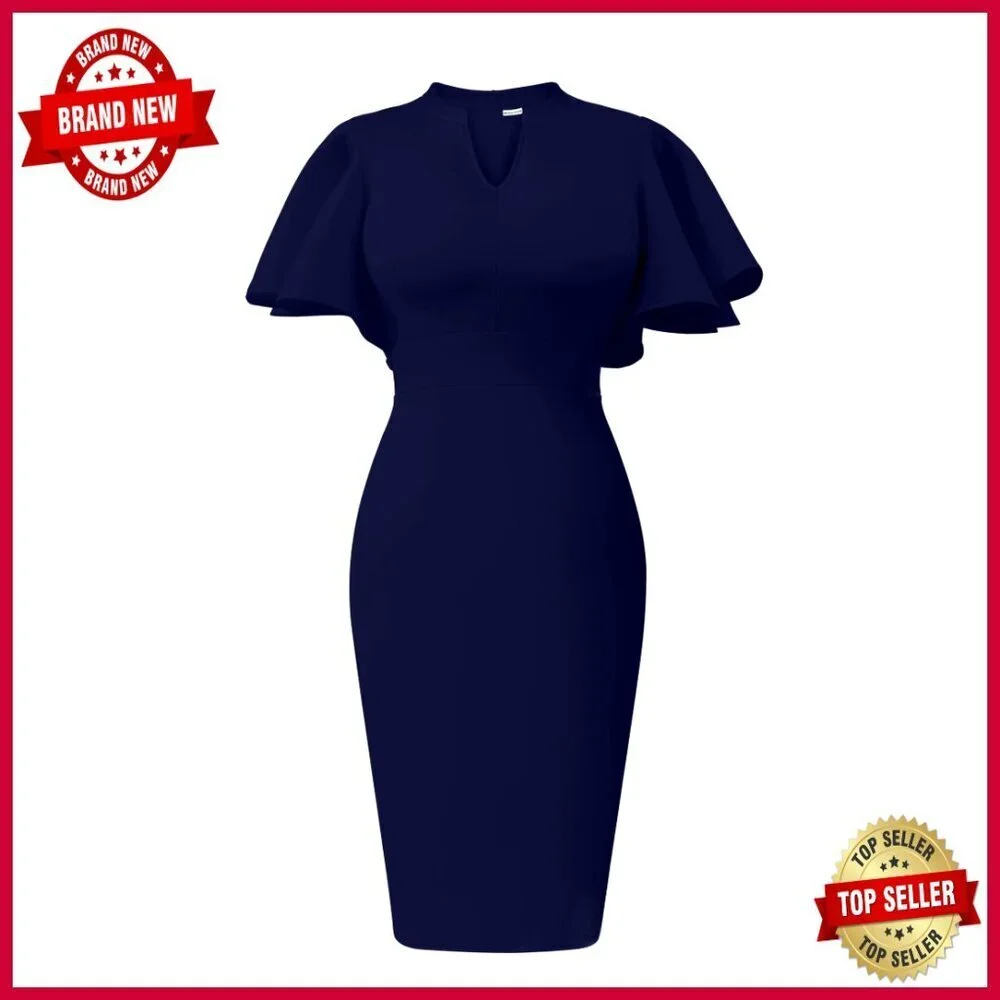 Elegant Ruffle Sleeve Formal Cocktail Pencil Midi Dress Stretchy Polyester